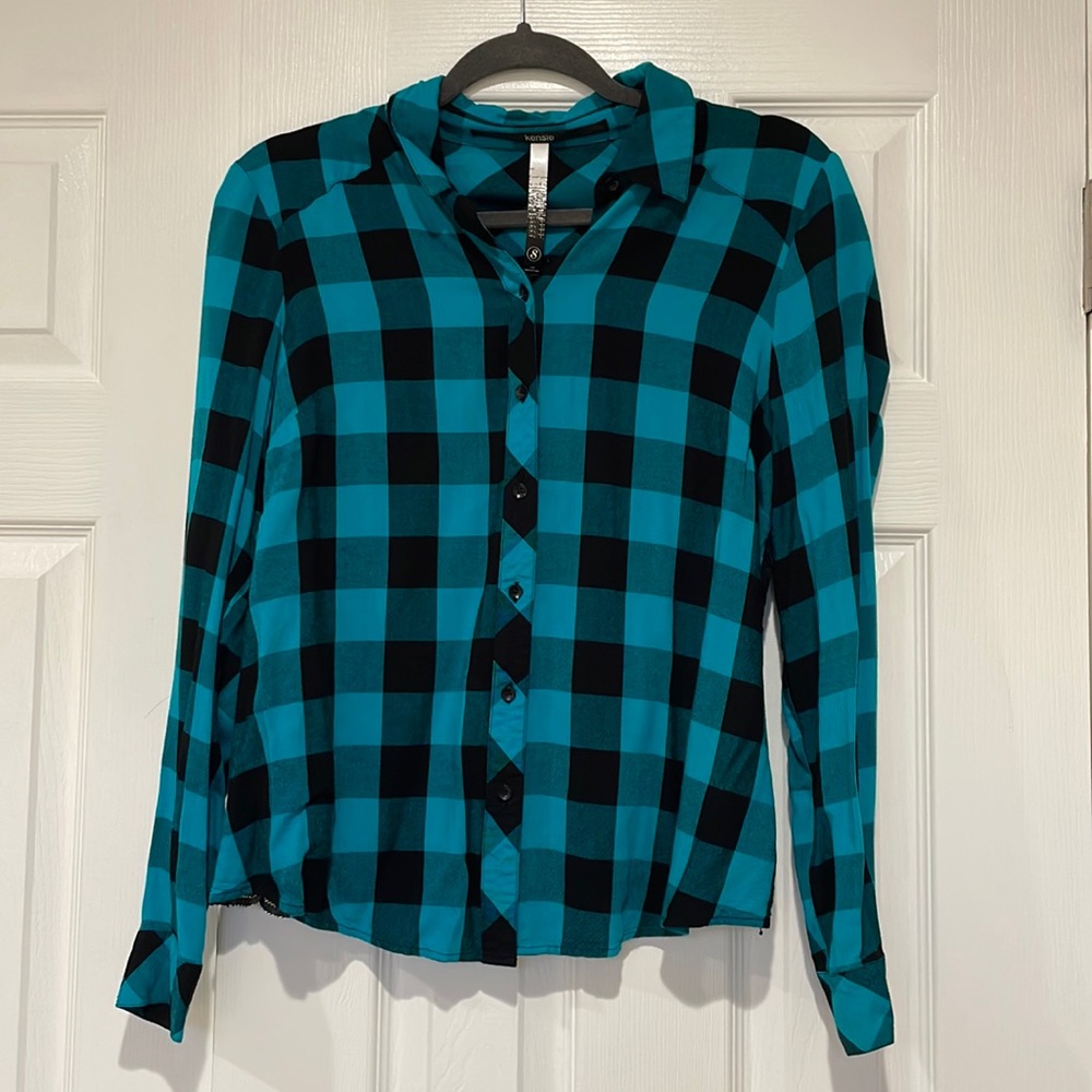 Kensie plaid collar shirt with black lace back, size small